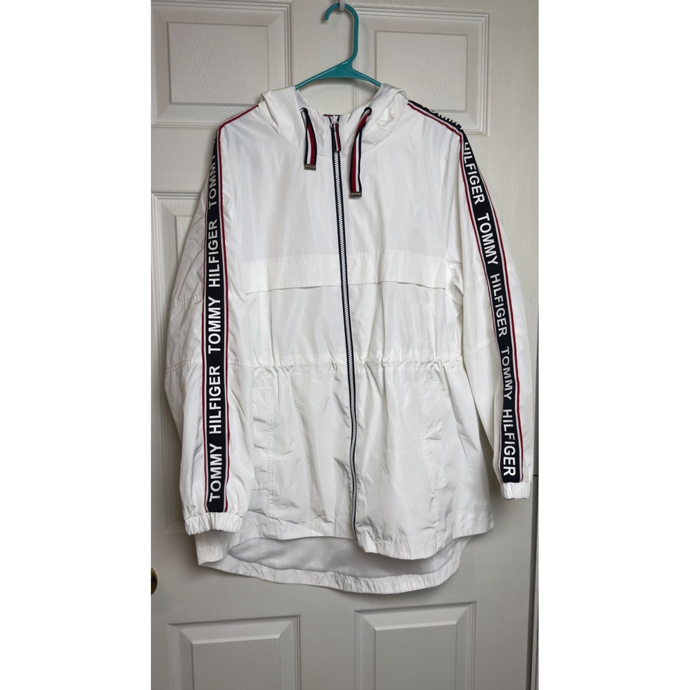 Tommy Hilfiger Womens White Hooded Windbreaker Jacket Logo‎ Tape Size Large